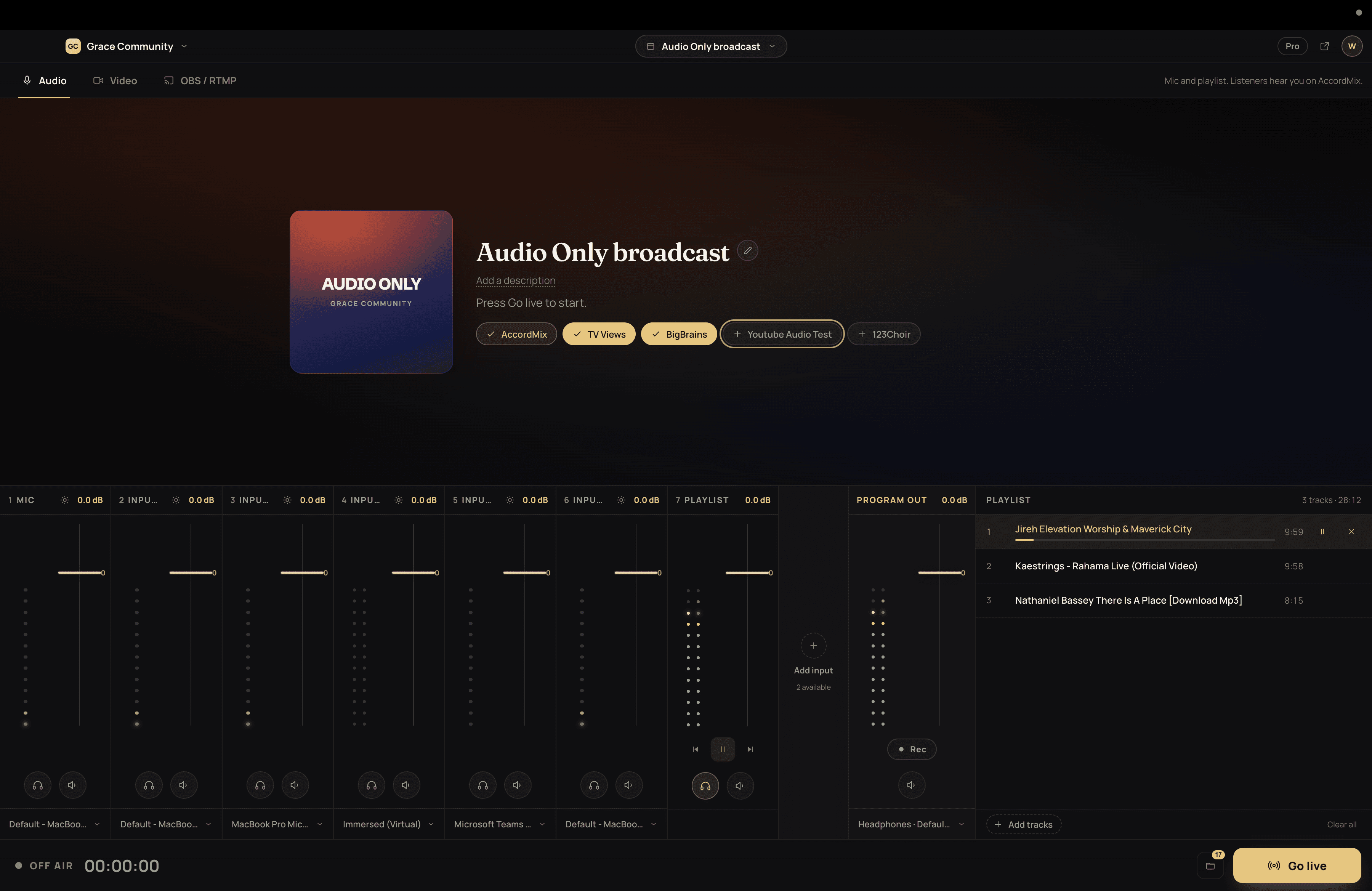 The go-live step in AccordMix Desktop with the YouTube listing filled in, two destinations selected and every check passing.