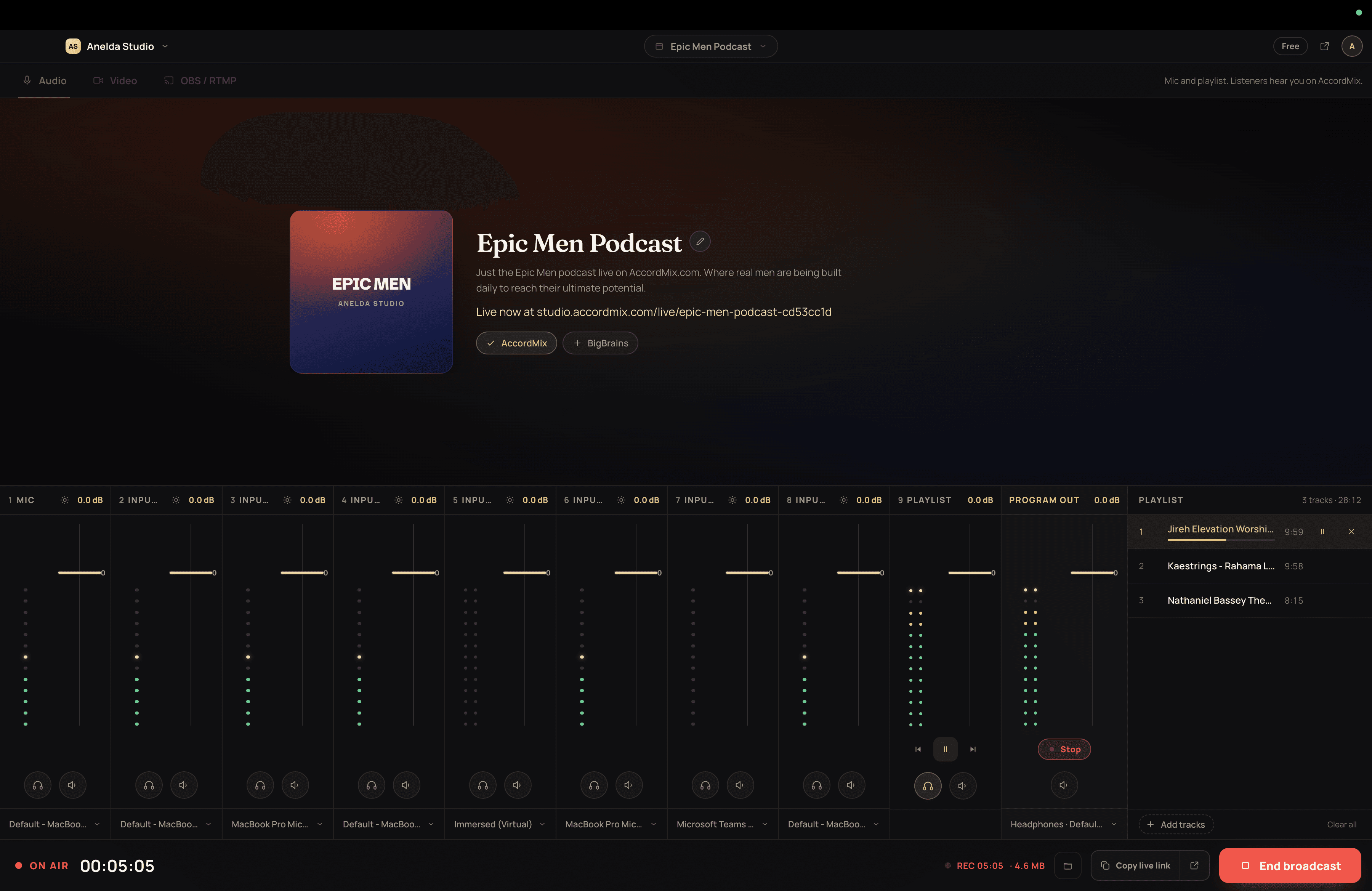 AccordMix Desktop on air: six inputs with live meters mixed into one feed, and YouTube and a custom RTMP destination both connected.
