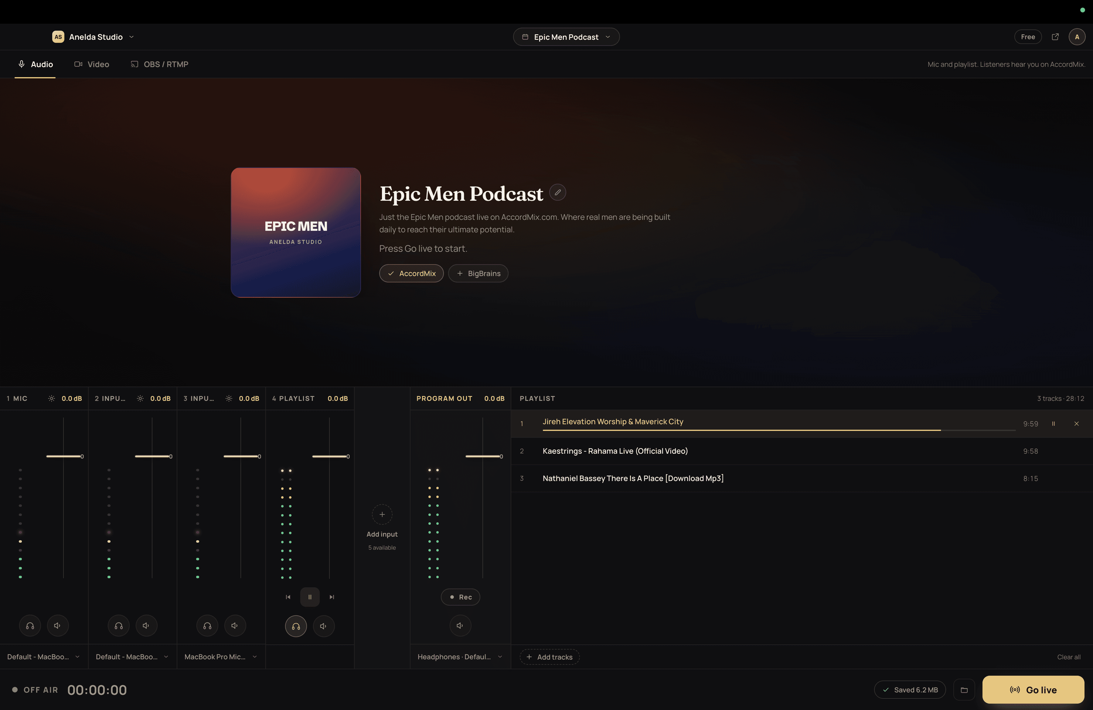 The playlist deck in AccordMix Desktop playing a local track as a music bed under the host microphone.
