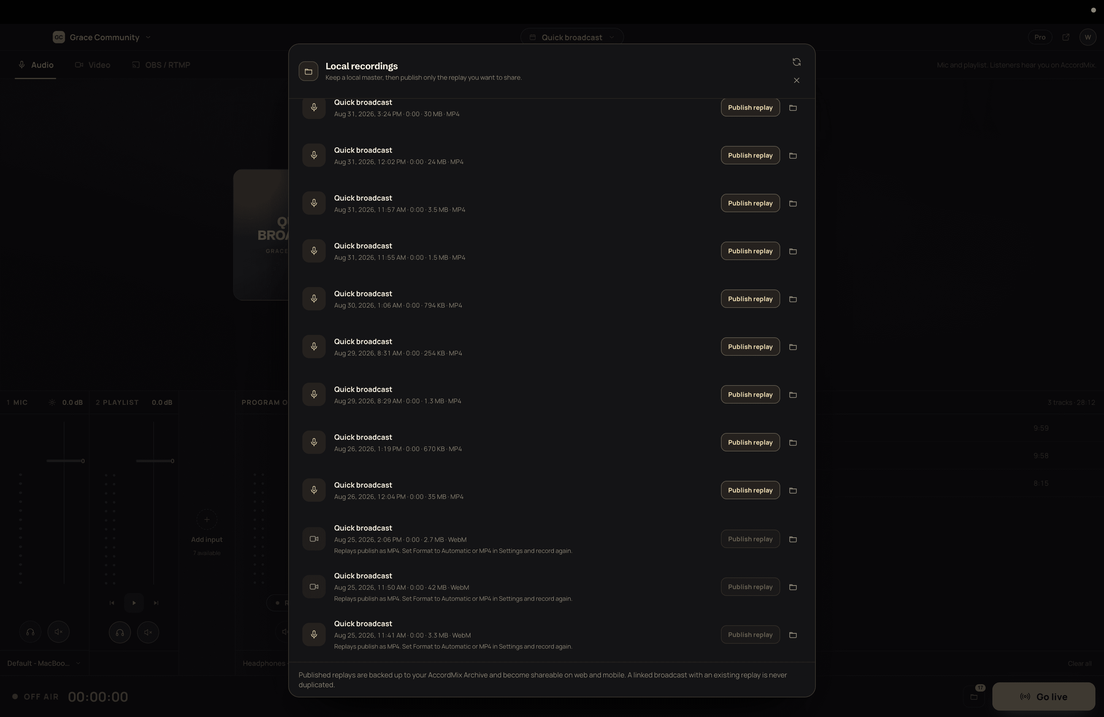 Recordings saved on this computer in AccordMix Desktop: one published, one publishing with a progress bar, one not yet shared.